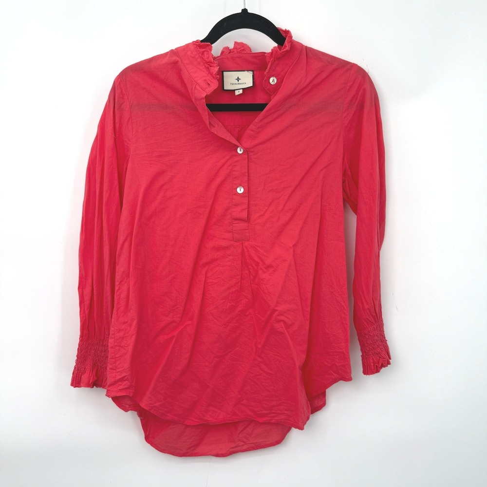Tuckernuck Blouse Women S Pink Smocked Cuff Ruffle Resort Spring Coastal Preppy